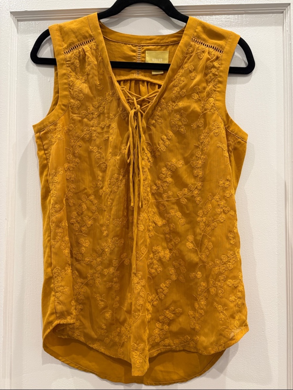 Maeve Anthropologie Mustard Embroidered Lace-Up Sleeveless Top Boho Size 4 - Picture 13 of 16